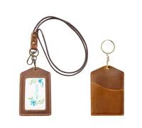 Badge Holder Vertical Handmade Leather ID Card Badge Holder Keychain with Heavy Duty Lanyard for Men Women-Brown