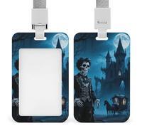 Badge Holder with Lanyard Dark Fairytale Skeleton Carriage Funny Vertical ID Name Tag Worker Badge Vertical Card Protector Cover Case for Key Office Doctor Nurse Medical Teacher