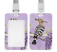 Badge Holder with Lanyard Hoopoe on Purple Wisteria Funny Vertical ID Name Tag Worker Badge Vertical Card Protector Cover Case for Key Office Doctor Nurse Medical Teacher