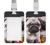 Badge Holder with Lanyard Puppys Pug Funny Vertical ID Name Tag Worker Badge Vertical Card Protector Cover Case for Key Office Doctor Nurse Medical Teacher