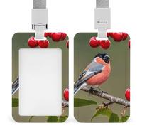 Badge Holder with Lanyard Red-Bellied Gray Finch with Cherry Funny Vertical ID Name Tag Worker Badge Vertical Card Protector Cover Case for Key Office Doctor Nurse Medical Teacher