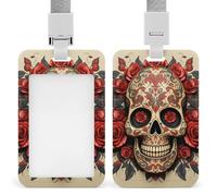 Badge Holder with Lanyard Red Rose Sugar Skull Funny Vertical ID Name Tag Worker Badge Vertical Card Protector Cover Case for Key Office Doctor Nurse Medical Teacher