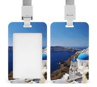 Badge Holder with Lanyard Santorini Greek Island Sea View Funny Vertical ID Name Tag Worker Badge Vertical Card Protector Cover Case for Key Office Doctor Nurse Medical Teacher