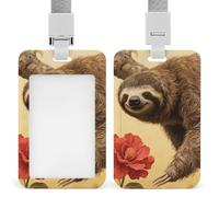 Badge Holder with Lanyard Sloth and Flower Funny Vertical ID Name Tag Worker Badge Vertical Card Protector Cover Case for Key Office Doctor Nurse Medical Teacher