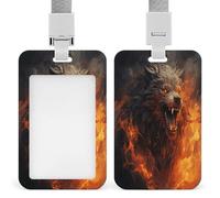 Badge Holder with Lanyard Wild Wolf in The Fire Printed Name Badge Card Holder Vertical ID Card Protector Case for Offices Staff Employees