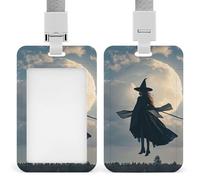 Badge Holder with Lanyard Witch in The Sky Funny Vertical ID Name Tag Worker Badge Vertical Card Protector Cover Case for Key Office Doctor Nurse Medical Teacher