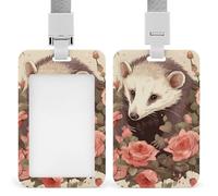 Badge Holder with Lanyards Opossum and Roses Retractable Vertical Plastic Id Badge Holder Name Key Card Holders Case for Teacher Nurse Doctor Office Gift for Coworkers