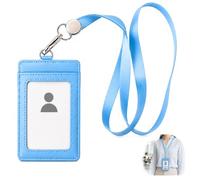 Badge Holder with Retractable Lanyard, Double Sided PU Leather Bus Pass Holder with Clear ID Name Window, Blue Vertical Swipe Card, Badge with Wrist Strap Pass Photocard Holder