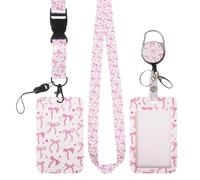 Badge Holder with Retractable Reel Clip and Lanyard Pink Bow Teacher Lanyard with ID Holder Durable ID Card Holders for Women Girls Teacher Nurse
