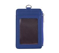 Badge Holder with Side Zip Pocket, Multiple Card Slots Leather ID Holder Wallet with Neck Retractable Lanyard for Office Staffs, Teachers, Students, Couriers, Workers, Blue