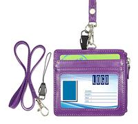 Badge Holder with Zip, Wisdompro 2-Sided PU Leather ID Badge Holder with 1 ID Window, 4 Card Slots, 1 Side Zipper Pocket and 1 Piece 20 Inch PU Neck Lanyard/Strap - Purple (Horizontal)