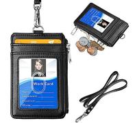 Badge Holder with Zipper, ELV PU Leather ID Badge Card Holder Wallet with 5 Card Slots, 1 Side RFID Blocking Pocket and 20" Neck Lanyard/Strap for Offices ID, School ID, Driver Licence (Black)