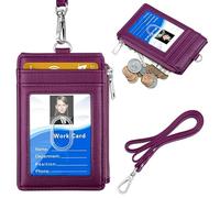 Badge Holder with Zipper, ELV PU Leather ID Badge Card Holder Wallet with 5 Card Slots, 1 Side RFID Blocking Pocket and 20" Neck Lanyard / Strap for Offices ID, School ID, Driver Licence (PURPLE)