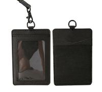 Badge Holders,Leather ID Badge Holder,Vertical Leather ID Badge Card Holder with 1 Clear ID Window & 2 Elastic Credit Card Slot and 1 Detachable Neck Lanyard for Offices ID,School ID (Black-A)