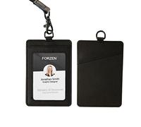 Badge Holders,Leather ID Badge Holder,Vertical Leather ID Badge Card Holder with 1 Clear ID Window & 2 Elastic Credit Card Slot and 1 Detachable Neck Lanyard for Offices ID,School ID (Black)