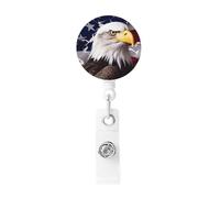 Badge Reels Retractable Badge Holder America US Flag Bald Eagle Heavy Duty Batch Holder Name ID Badge Clips for Office Worker Doctor Nurse ID Badge Reel with Belt Clip Keychain