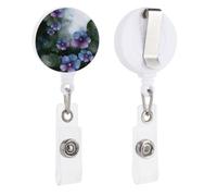 Badge Reels Retractable Blue Purple Flowers and Green Leaves Badge Holder with Alligator Clip Cute Nurse Telescopic Badge Clip Name ID Card Holders for Office Worker Doctor Nurse Key Holder