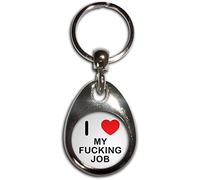 BadgeBeast.co.uk I Love Heart My F**king Job - Chrome Tear Drop Shaped Double Sided Key Ring