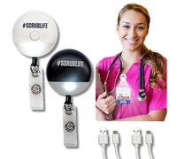 Badgebright Night Shift Nurse Badge Reel Light, Retractable, Rechargeable Clip On Flashlight, Badge Holder, Accessories for Work (#SCRUBLIFE, 2-Pack)