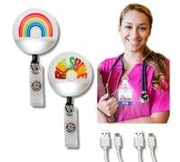 Badgebright Night Shift Nurse Badge Reel Light, Retractable, Rechargeable Clip On Flashlight, Badge Holder, Accessories (Rainbow, 2-Pack)