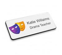 Badgemaster Back to School Drama Masks Learning Design Personalised Premium Domed Bespoke Custom Name Badge 76 x 32mm White Black