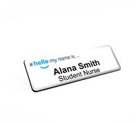 Badgemaster Blue Hello My Name is White Badge Premium Domed White Black 76 x 25mm Doctor Student Nurse Clinical Practitioner Healthcare Assistant Medical Staff GP