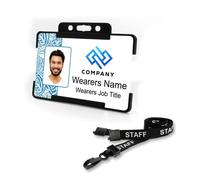 Badgemaster Blue Modern Artistic Pattern Left Your Logo Personalised Business Professional Photo ID with Black Rigid Card Holder and Black Staff Lanyard CR80