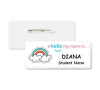Badgemaster Blue Pink Hello My Name is Tri-Coloured Rainbow Left Personalised Premium Domed Bespoke Custom Name Badge 76 x 32mm White/White