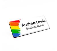 Badgemaster Brushed Crayon Rainbow Left Personalised Premium Domed Bespoke Custom Name Badge 76 x 32mm White Black