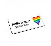 Badgemaster Brushed Rainbow Heart Right Personalised Premium Domed Bespoke Custom Name Badge 76 x 32mm White Black