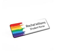 Badgemaster Brushed Rainbow Left Personalised Premium Domed Bespoke Custom Name Badge 76 x 25mm White Black