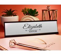 Badgemaster Custom Personalised Dividing Line Elegant Text Engraved Gold Aluminium White Office Home Desk Name Plaque Decorated Silver Front Plate Bespoke Modern Gift Teacher Manager Assistant