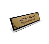 Badgemaster Custom Personalised Engraved Decorative Corners Pattern Acrylic Office Home Desk Name Plaque Gold/Silver Front Plate Bespoke Modern Gift Teacher Graduate Manager Assistant Executive