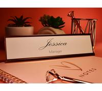 Badgemaster Custom Personalised Large Stylish Text Engraved Gold Aluminium White Office Home Desk Name Plaque Decorated Silver Front Plate Bespoke Modern Gift Teacher Manager Assistant Executive