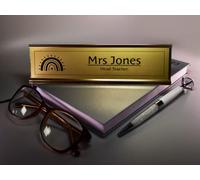 Badgemaster Custom Personalised Left Rainbow Engraved Gold Aluminium White Office Home Desk Name Plaque Decorated Silver Front Plate Bespoke Modern Gift Teacher Graduate Manager Assistant Executive