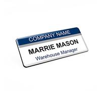 Badgemaster Dark Blue Grey Horizontal Stripes Personalised Premium Domed Bespoke Custom Name Badge 76 x 32mm White Black