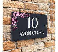 Badgemaster Floral Modern Anthracite Grey House Number Sign Plaque Stainless Steel Standoffs 20cm x 13cm Pink Flower Top Left