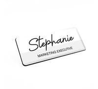 Badgemaster Grey Horizontal Stripe Personalised Premium Domed Bespoke Custom Name Badge 76 x 32mm White Black