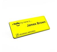 Badgemaster Hearing Impaired Black Hello My Name is Yellow Domed Badge with Name Job Title Dementia Friendly Contrasting Text 76 x 32mm Yellow Black Material