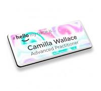Badgemaster Hello My Name is Blue Pink Sparkling Swirl Background Personalised Premium Domed Bespoke Custom Name Badge 76 x 32mm White/Black