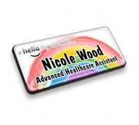 Badgemaster Hello My Name is Central Large Watercolour Rainbow Personalised Premium Domed Bespoke Custom Name Badge 76 x 32mm White/Black