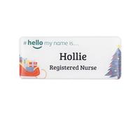 Badgemaster Hello My Name is Christmas Sleigh and Tree Premium Domed Name Badge GP Practitioner Doctor Healthcare Nurse Medical Staff Clinical Student Assistant White/White 76 x 32mm