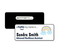 Badgemaster Hello My Name is Cloudy Pastel Rainbow Personalised Premium Domed Bespoke Custom Name Badge 76 x 32mm White/Black
