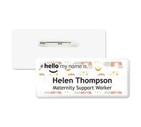 Badgemaster Hello My Name is Gold Stars Pastel Rainbows Pattern Text Personalised Premium Domed Bespoke Custom Name Badge 76 x 32mm White White