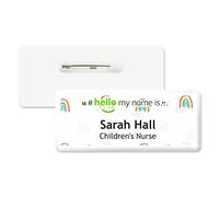 Badgemaster Hello My Name is Hand Drawn Rainbow Text Personalised Premium Domed Bespoke Custom Name Badge 76 x 32mm White White