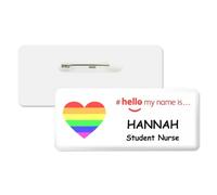 Badgemaster Hello My Name is Horizontal Rainbow Stripped Heart Left Personalised Premium Domed Bespoke Custom Name Badge 76 x 32mm White/White
