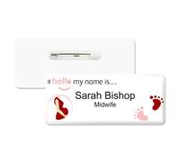Badgemaster Hello My Name is Logo Pink and Red Feet Midwife Badge Premium Domed White White 76 x 32mm Doctor Student Nurse Clinical Practitioner Healthcare Assistant Medical Staff GP