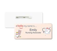 Badgemaster Hello My Name is Logo Pink Tablets Badge Premium Domed White White 76 x 32mm Doctor Student Nurse Clinical Practitioner Healthcare Assistant Medical Staff GP