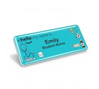 Badgemaster Hello My Name is Logo Teal Tablet Design Badge Premium Domed White White 76 x 32mm Doctor Student Nurse Clinical Practitioner Healthcare Assistant Medical Staff GP