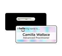 Badgemaster Hello My Name is Pink Blue Holographic Background Personalised Premium Domed Bespoke Custom Name Badge 76 x 32mm White/Black